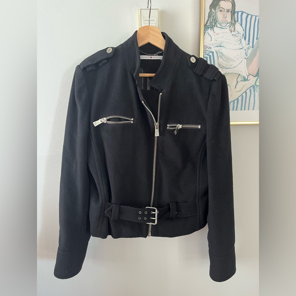 Tommy Hilfiger Women’s Black Wool Blend Moto Jacket - EU L